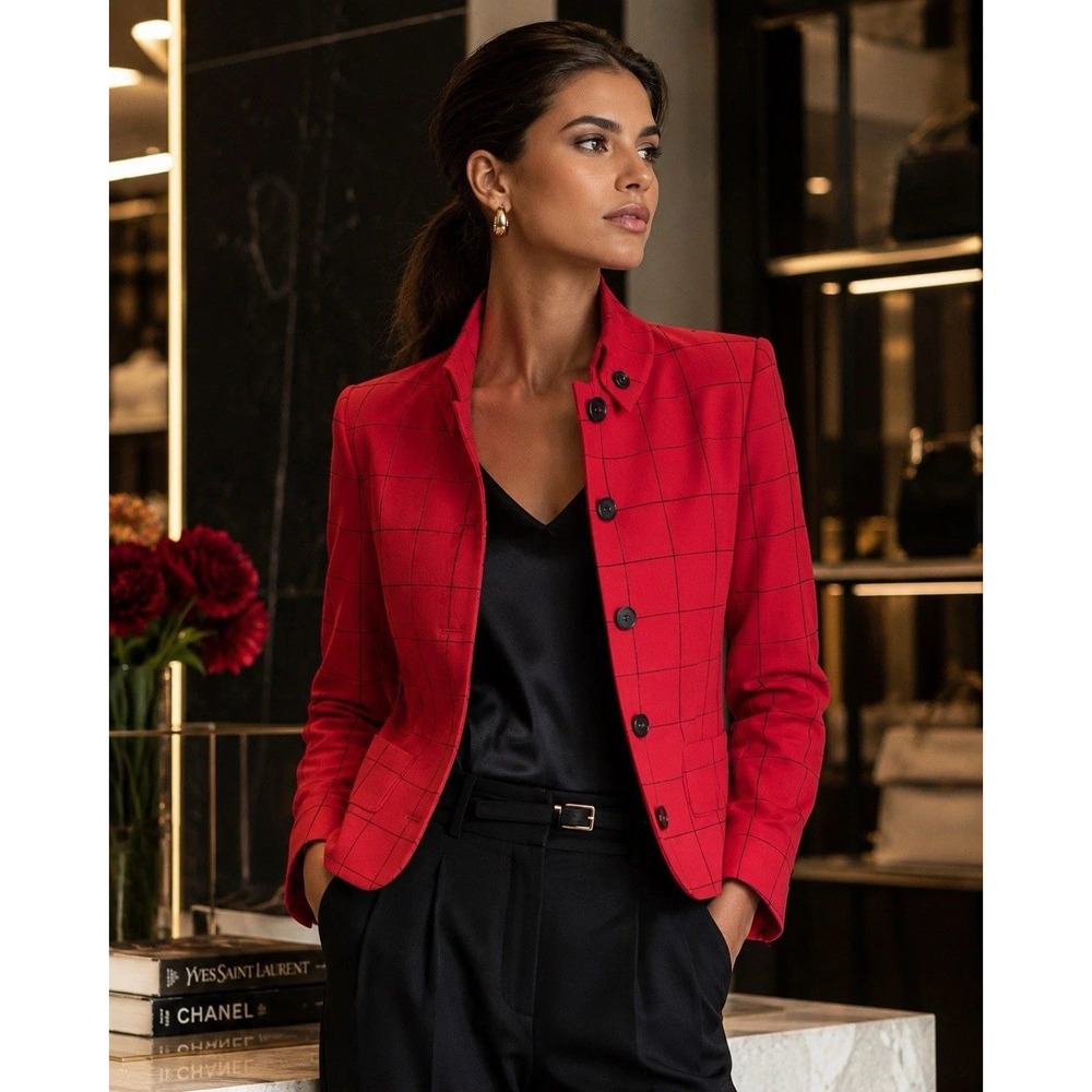 Nina McLemore Red Windowpane Wool Silk Blazer Jacket Women Size 8
